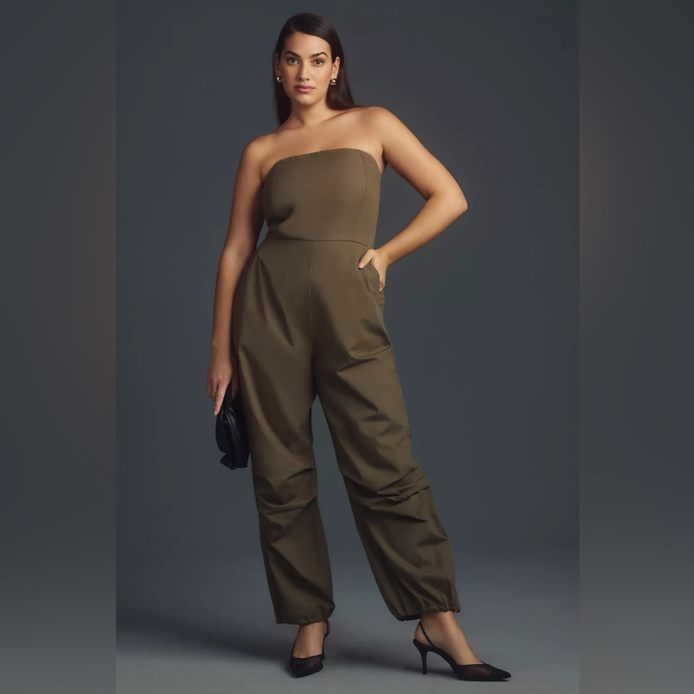 Anthropologie Olive Green Strapless Parachute Jumpsuit